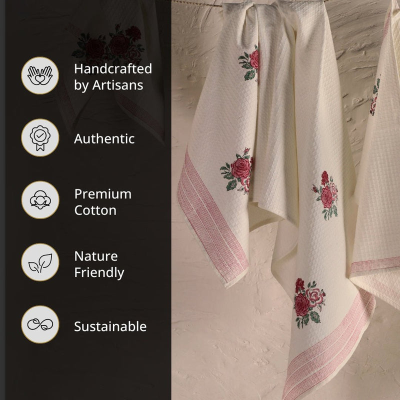Pure Cotton Towel Block Printed in Off White with Roses | Bath Towel 30 x 60 inches and Hand Towel 16 x 24 inches