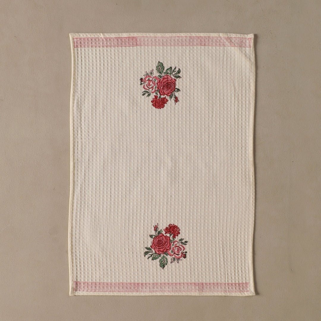 Pure Cotton Towel Block Printed in Off White with Roses | Bath Towel 30 x 60 inches and Hand Towel 16 x 24 inches
