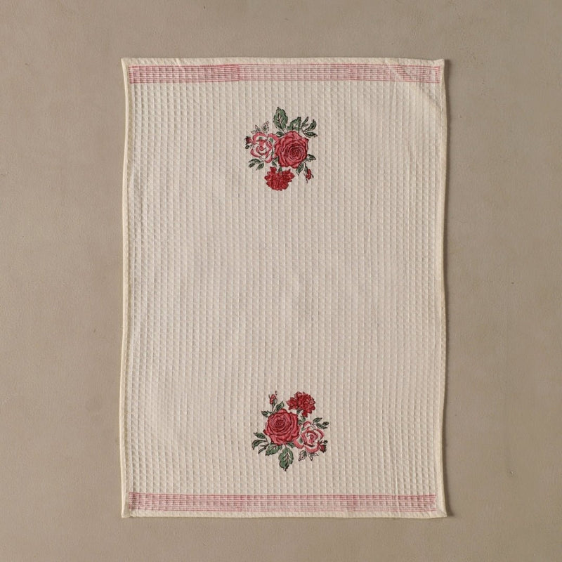 Pure Cotton Towel Block Printed in Off White with Roses | Bath Towel 30 x 60 inches and Hand Towel 16 x 24 inches