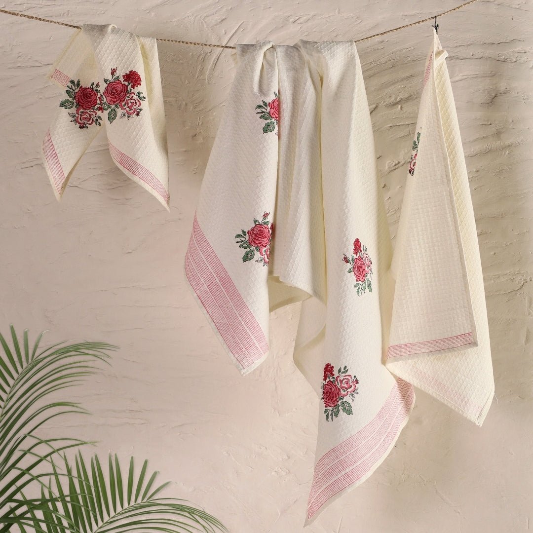 Pure Cotton Towel Block Printed in Off White with Roses | Bath Towel 30 x 60 inches and Hand Towel 16 x 24 inches