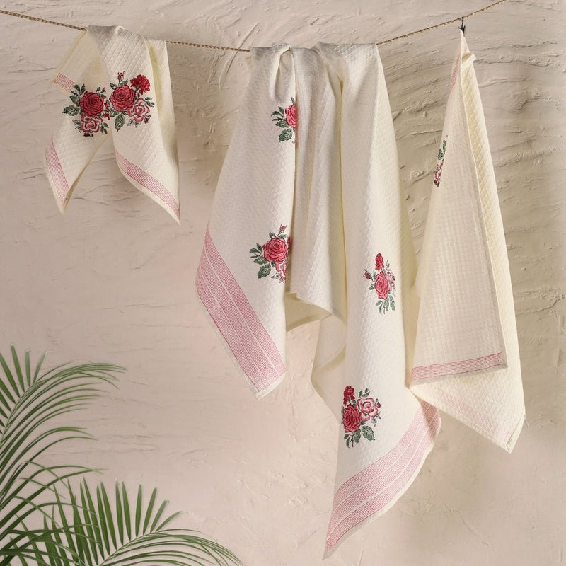 Pure Cotton Towel Block Printed in Off White with Roses | Bath Towel 30 x 60 inches and Hand Towel 16 x 24 inches
