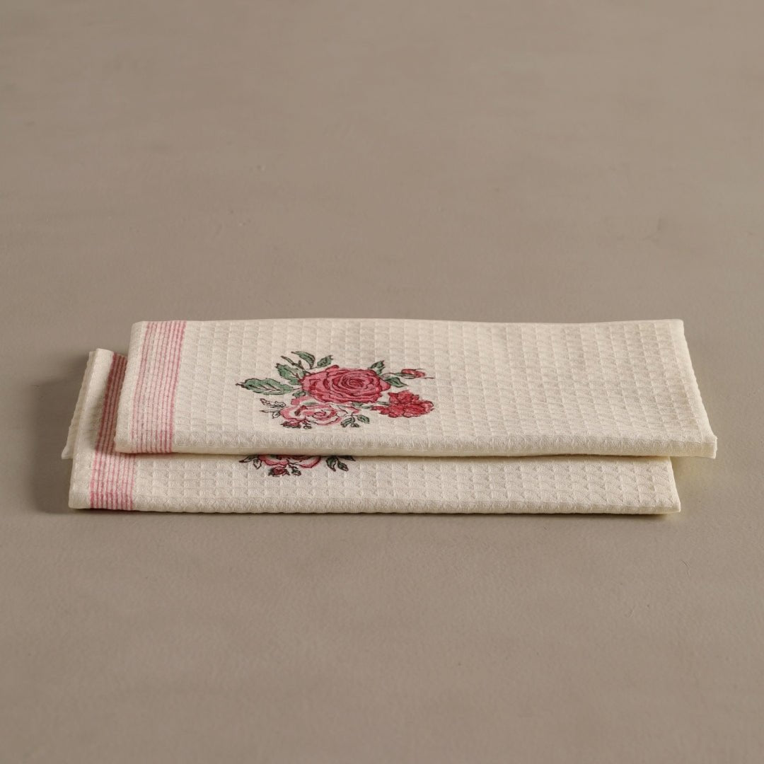 Pure Cotton Towel Block Printed in Off White with Roses | Bath Towel 30 x 60 inches and Hand Towel 16 x 24 inches
