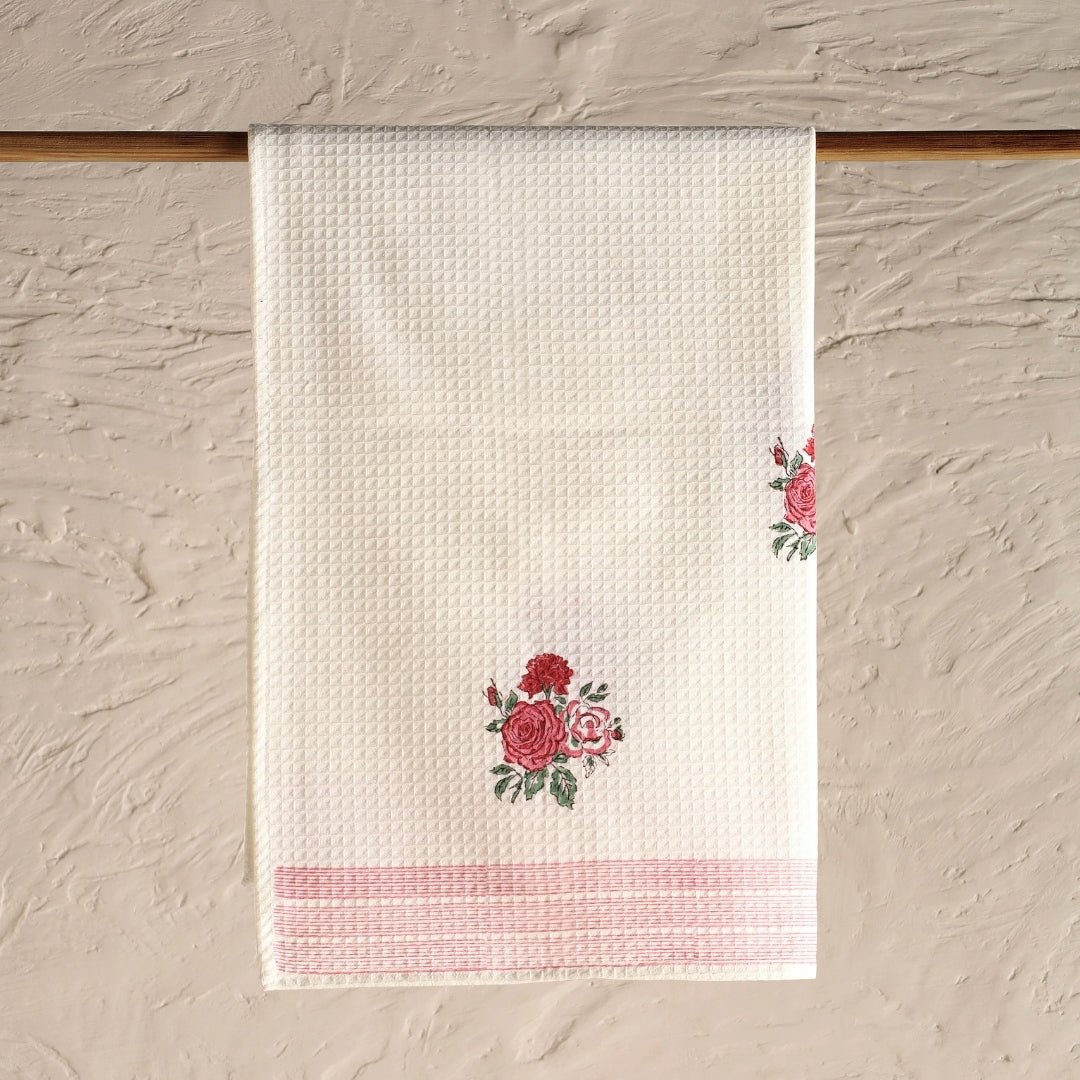 Pure Cotton Towel Block Printed in Off White with Roses | Bath Towel 30 x 60 inches and Hand Towel 16 x 24 inches