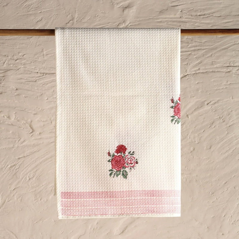 Pure Cotton Towel Block Printed in Off White with Roses | Bath Towel 30 x 60 inches and Hand Towel 16 x 24 inches