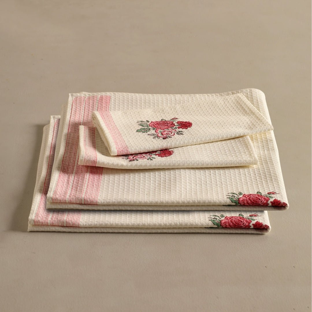 Pure Cotton Towel Block Printed in Off White with Roses | Bath Towel 30 x 60 inches and Hand Towel 16 x 24 inches