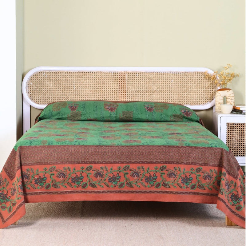 Hand Printed Cotton Bed sheet for Double bed in Green and Brick Red | Queen Size