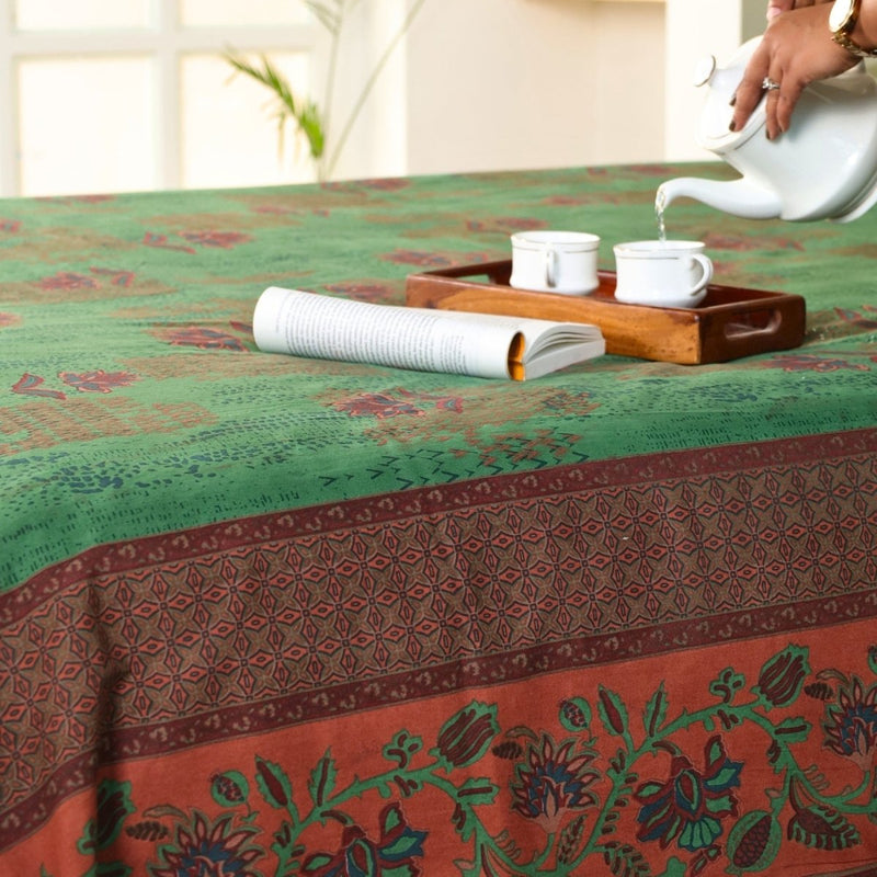 Hand Printed Cotton Bed sheet for Double bed in Green and Brick Red | Queen Size