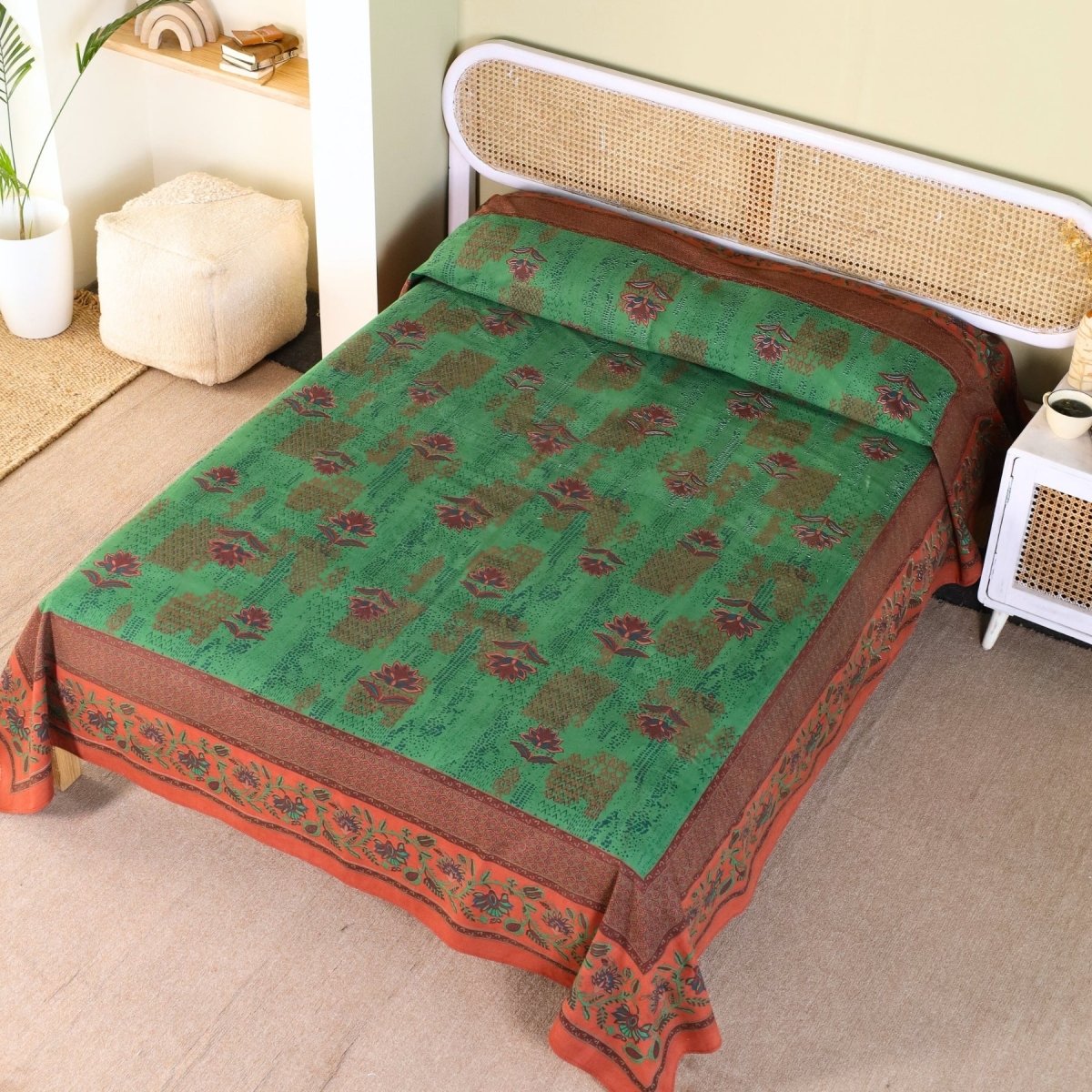 Hand Printed Cotton Bed sheet for Double bed in Green and Brick Red | Queen Size