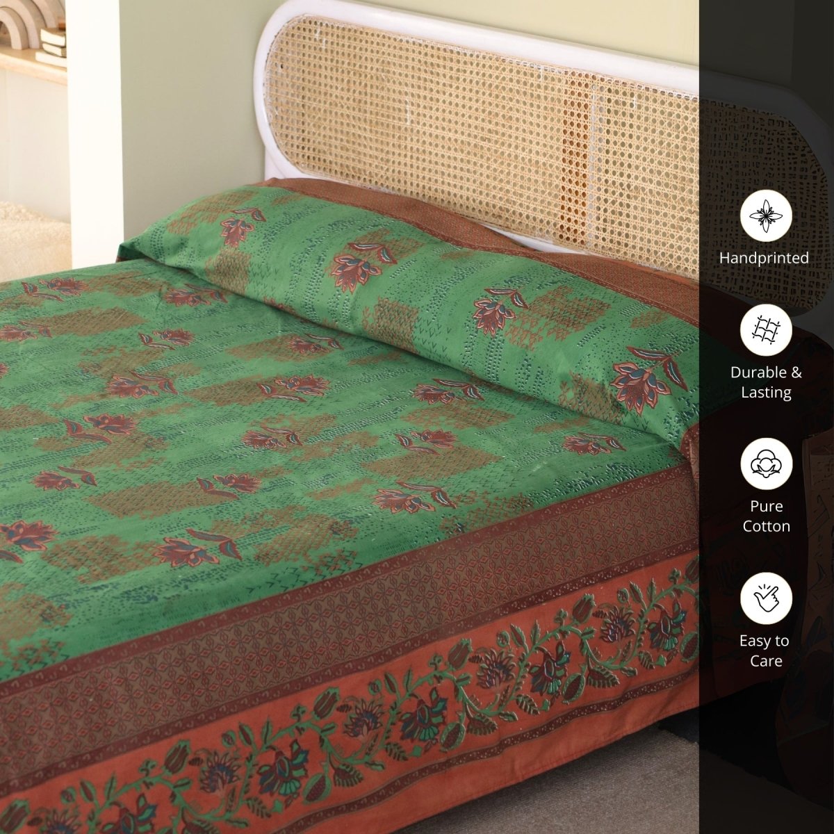 Hand Printed Cotton Bed sheet for Double bed in Green and Brick Red | Queen Size