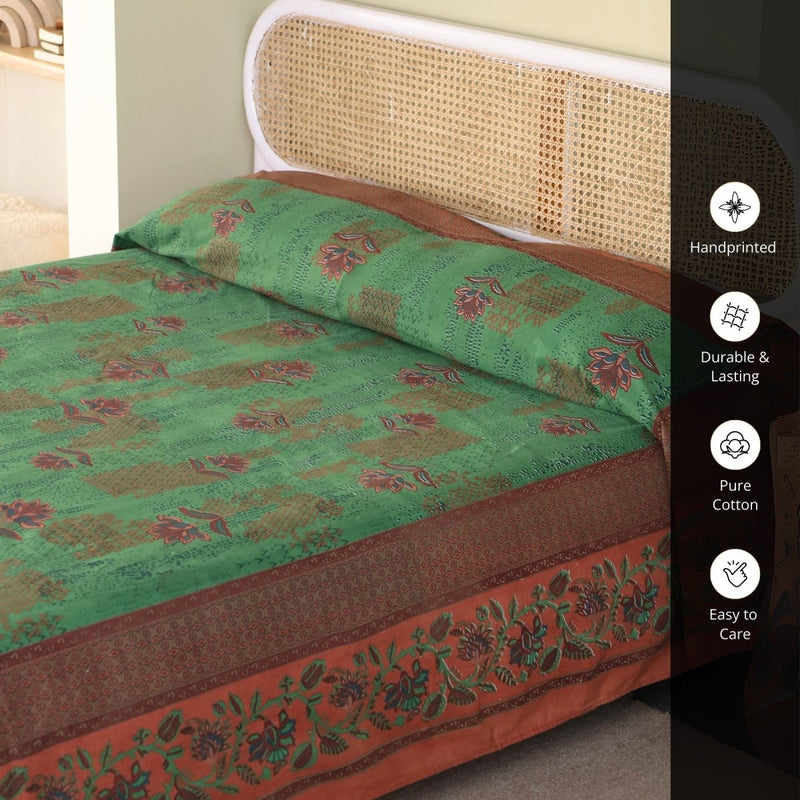 Hand Printed Cotton Bed sheet for Double bed in Green and Brick Red | Queen Size