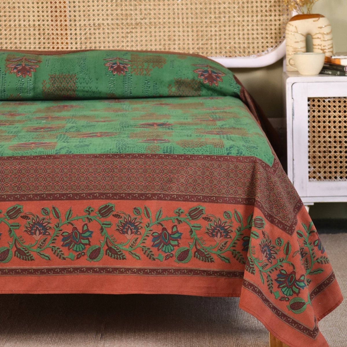 Hand Printed Cotton Bed sheet for Double bed in Green and Brick Red | Queen Size