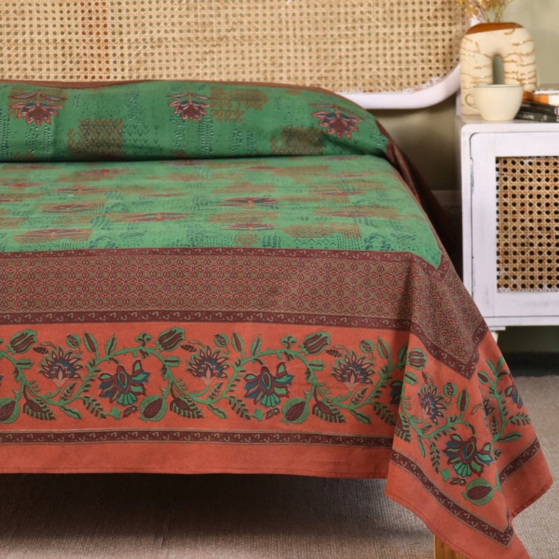 Hand Printed Cotton Bed sheet for Double bed in Green and Brick Red | Queen Size