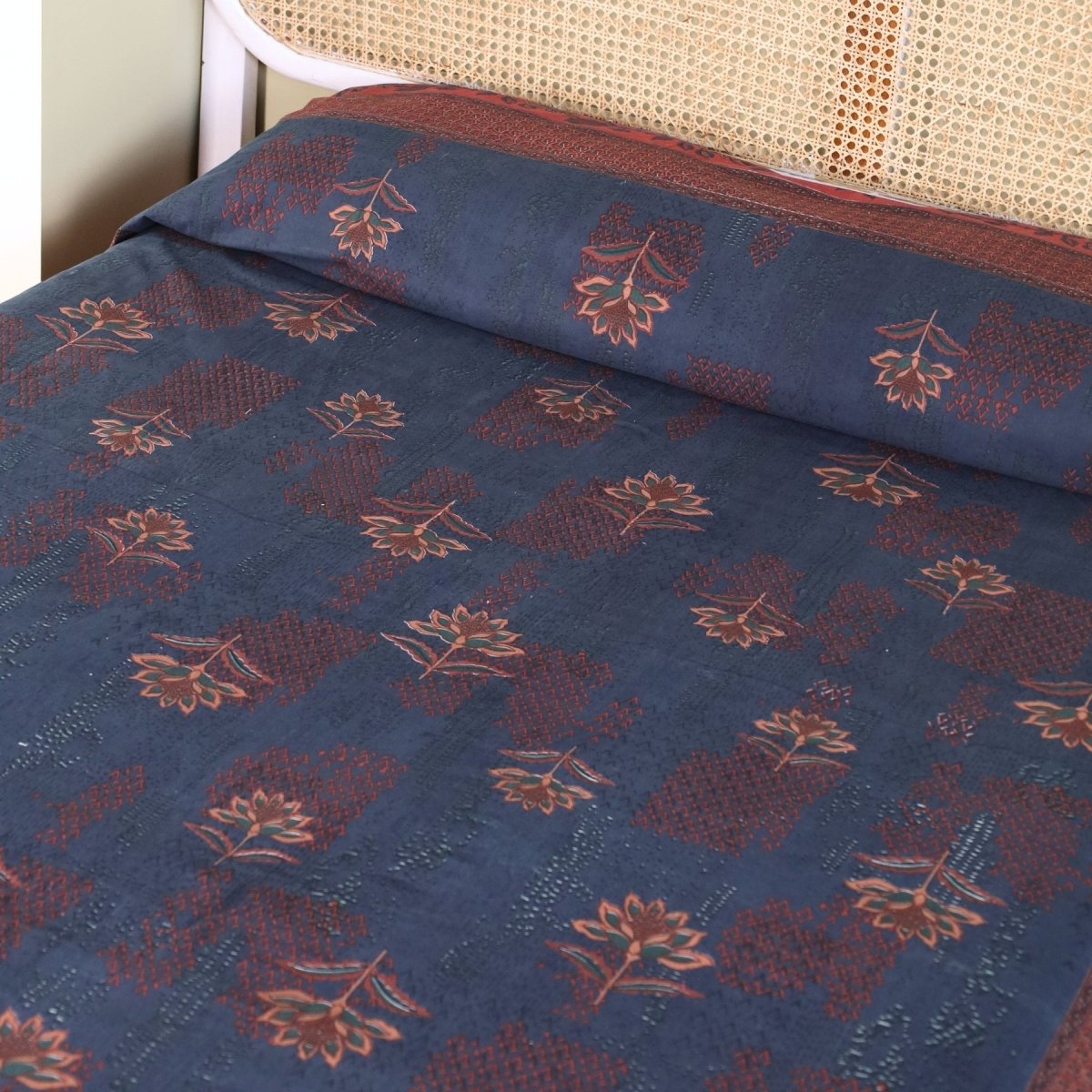 Cotton Bed Cover hand printed in Navy Blue and Brick Red| Queen Size