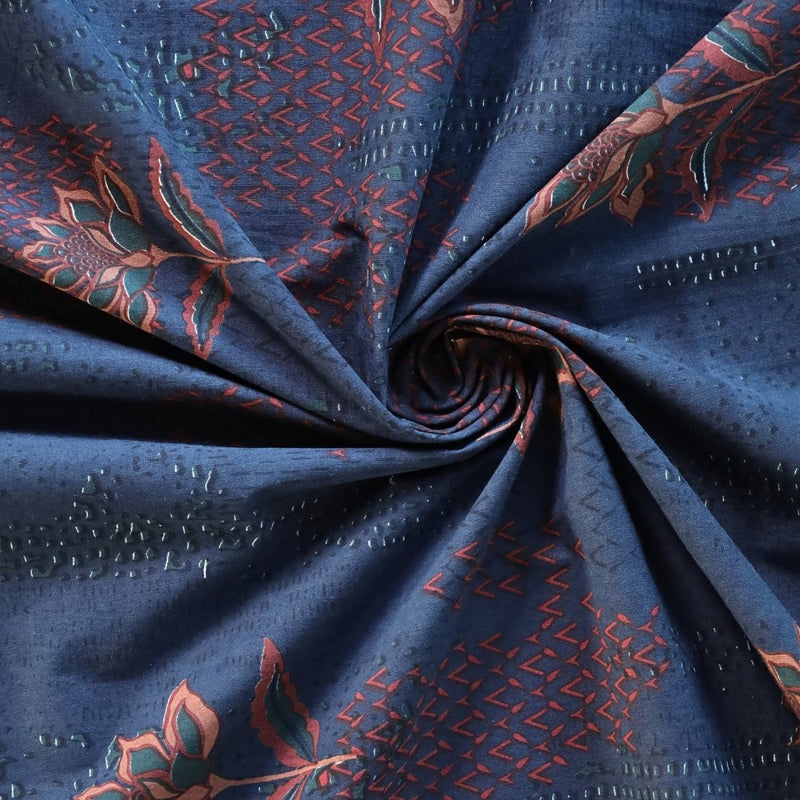 Cotton Bed Cover hand printed in Navy Blue and Brick Red| Queen Size