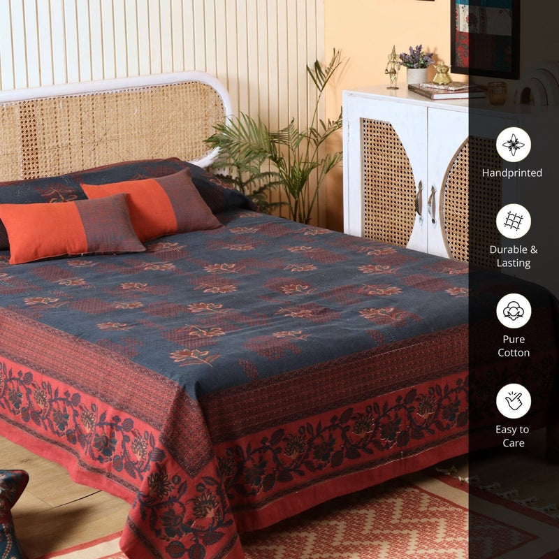 Cotton Bed Cover hand printed in Navy Blue and Brick Red| Queen Size