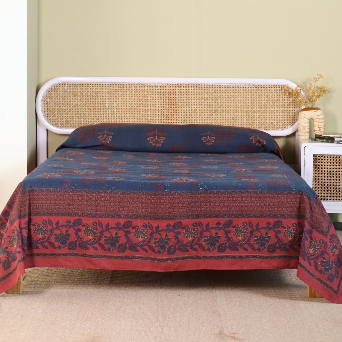 Cotton Bed Cover hand printed in Navy Blue and Brick Red| Queen Size