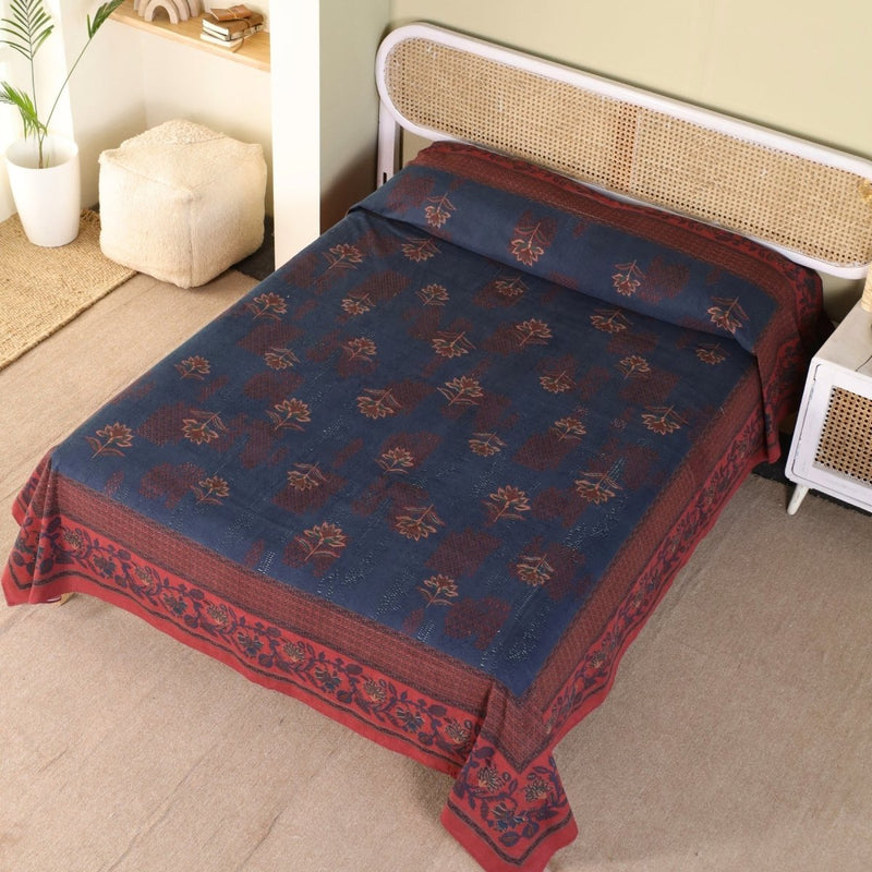 Cotton Bed Cover hand printed in Navy Blue and Brick Red| Queen Size