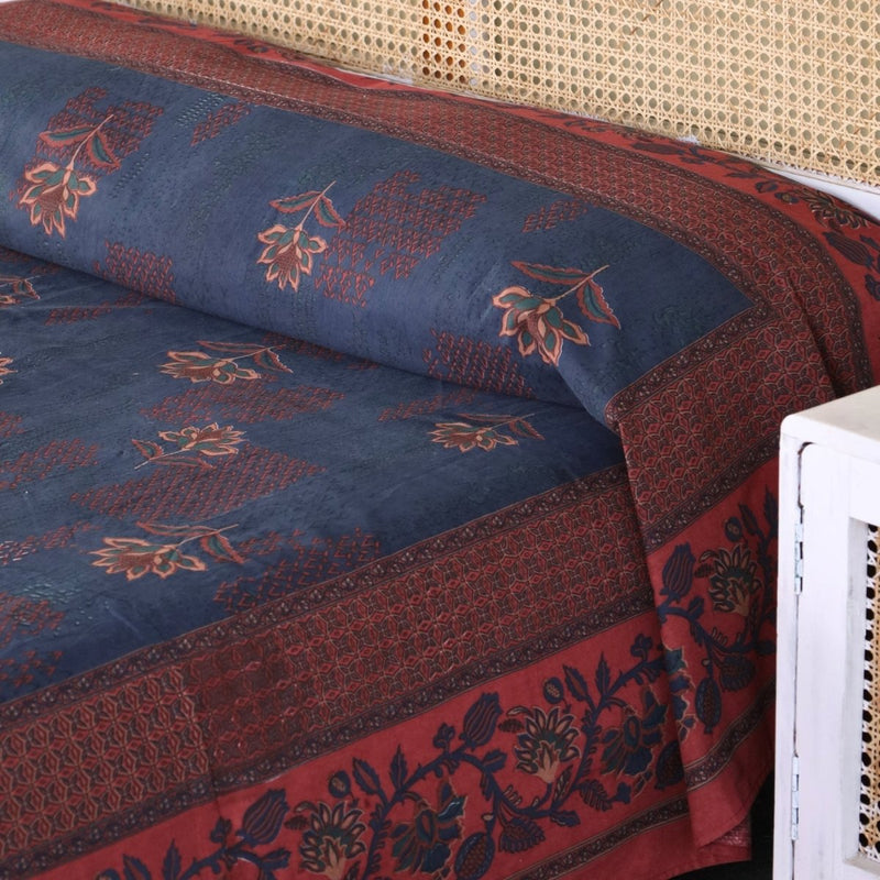 Cotton Bed Cover hand printed in Navy Blue and Brick Red| Queen Size