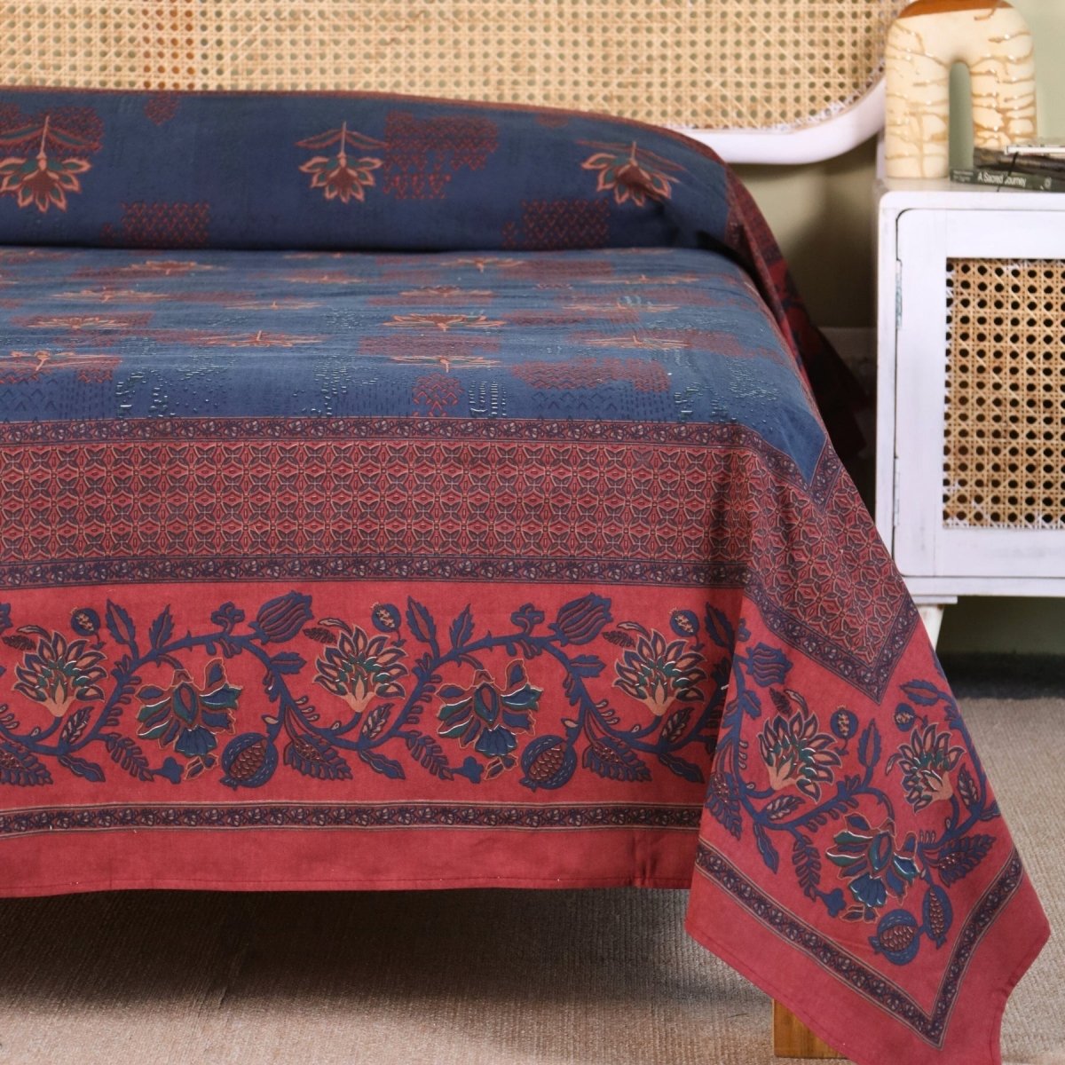 Cotton Bed Cover hand printed in Navy Blue and Brick Red| Queen Size