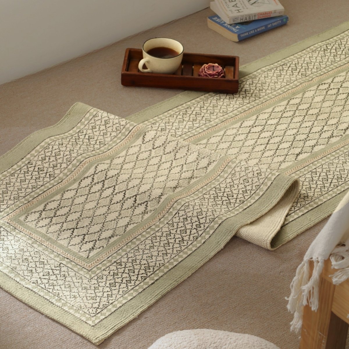 Cotton Floor Rug hand block printed in Aqua Green for Living Room and Bedroom| Soft Washable Area Rug