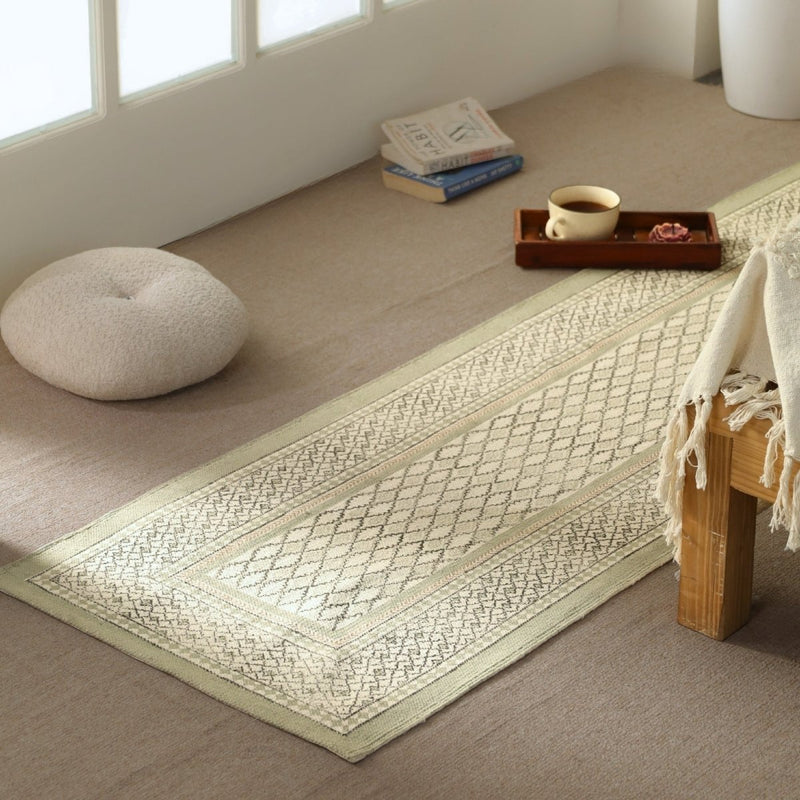 Cotton Floor Rug hand block printed in Aqua Green for Living Room and Bedroom| Soft Washable Area Rug