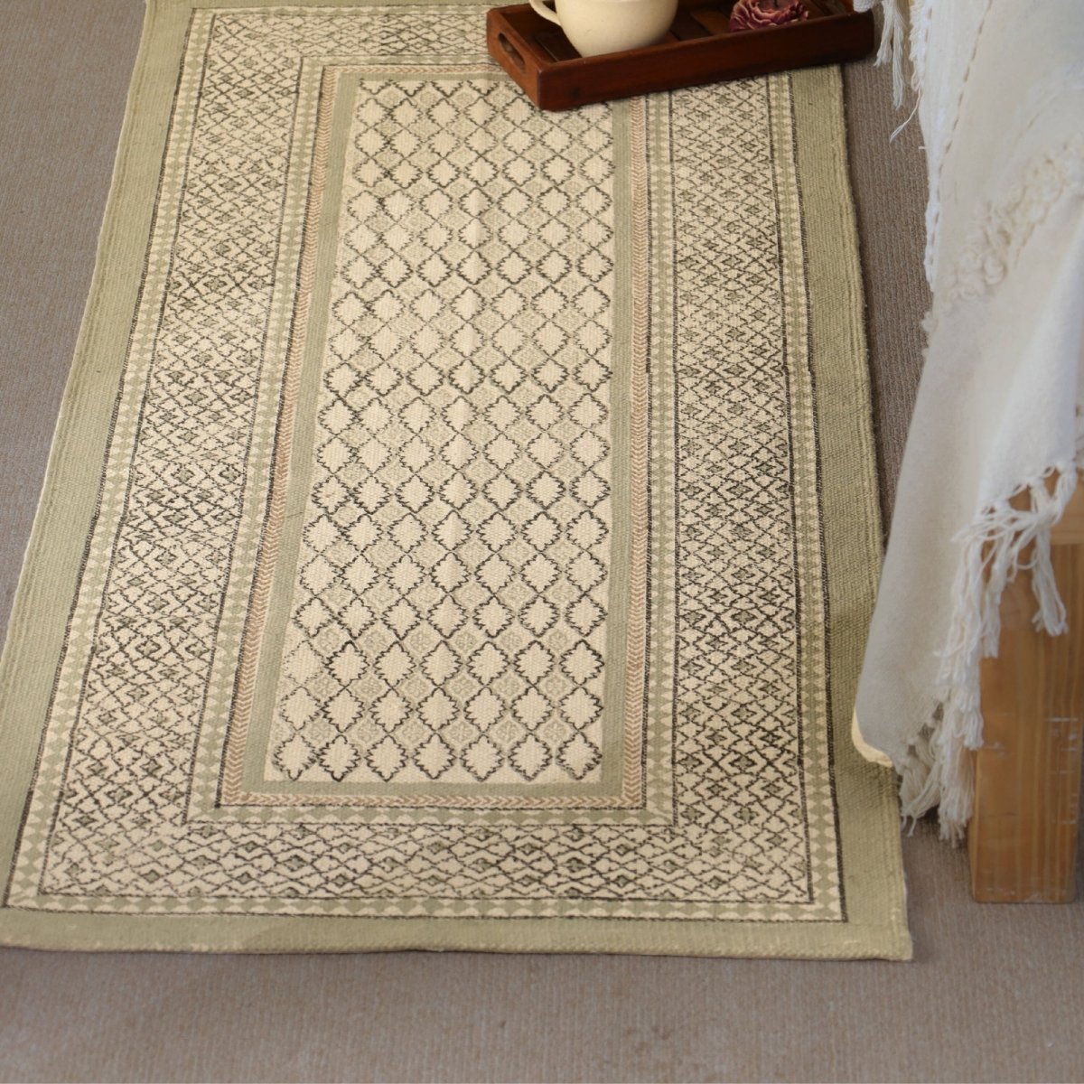 Cotton Floor Rug hand block printed in Aqua Green for Living Room and Bedroom| Soft Washable Area Rug