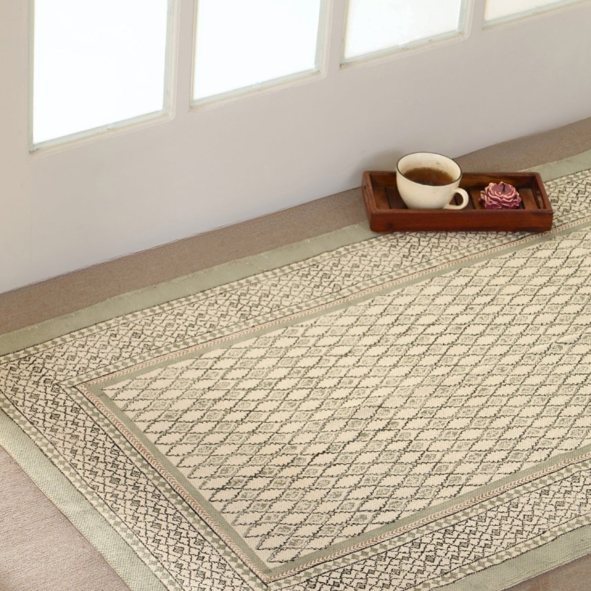 Cotton Floor Rug hand block printed in Aqua Green for Living Room and Bedroom| Soft Washable Area Rug