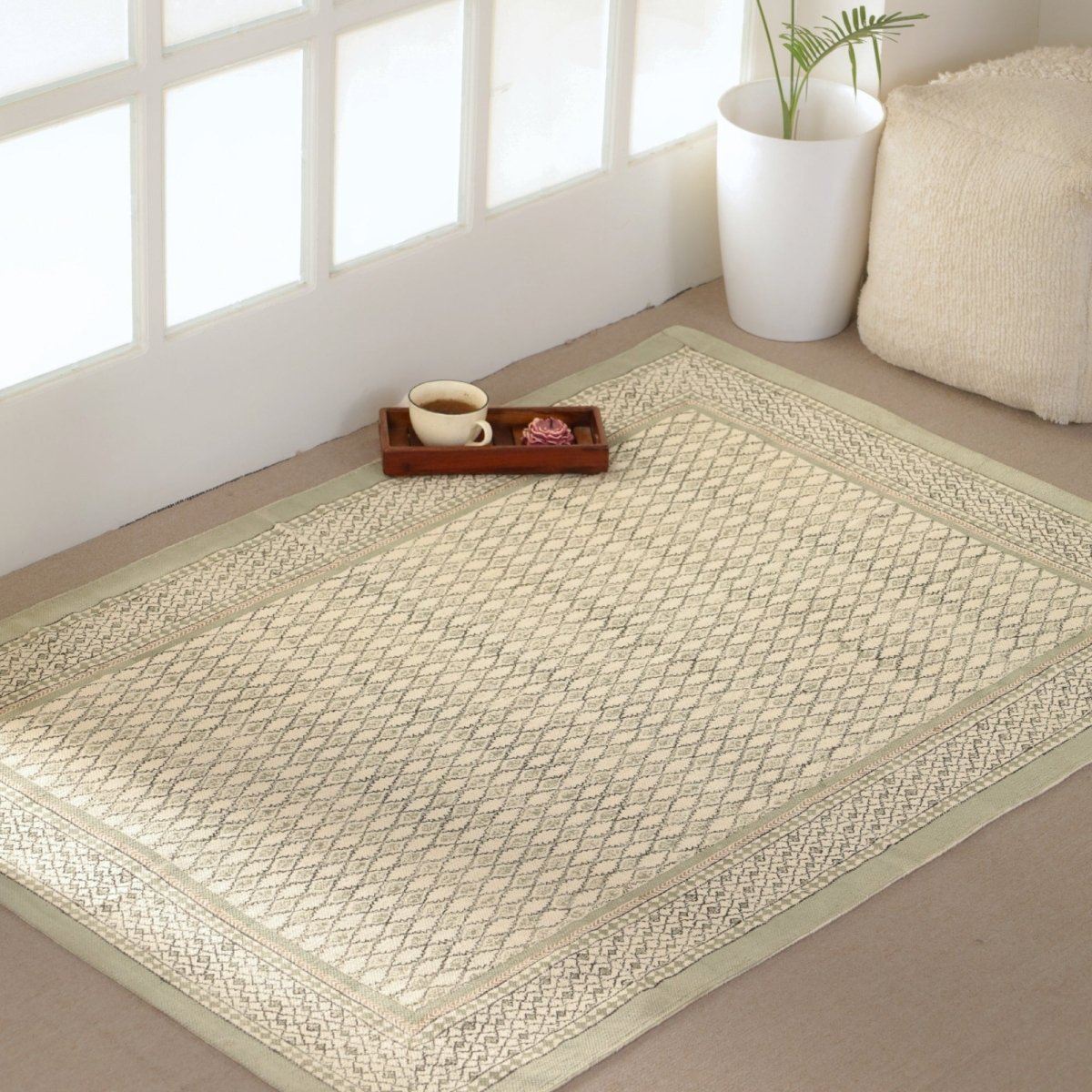 Cotton Floor Rug hand block printed in Aqua Green for Living Room and Bedroom| Soft Washable Area Rug