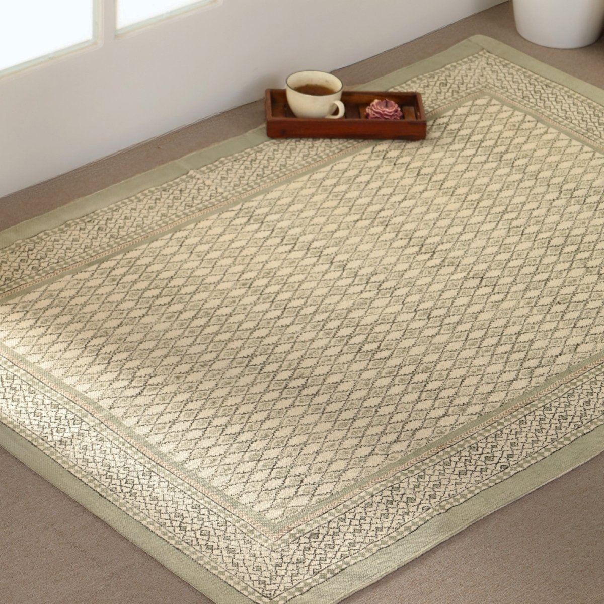 Cotton Floor Rug hand block printed in Aqua Green for Living Room and Bedroom| Soft Washable Area Rug