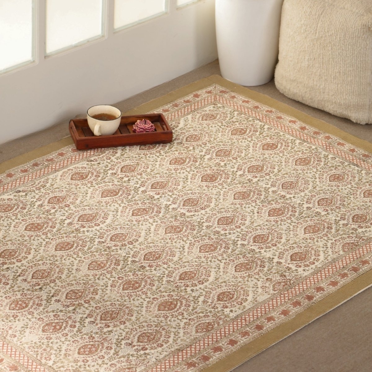 Cotton Floor Rug for Living Room and Bedroom hand block printed in Ivory and Rust Colour | Soft Washable Area Rug