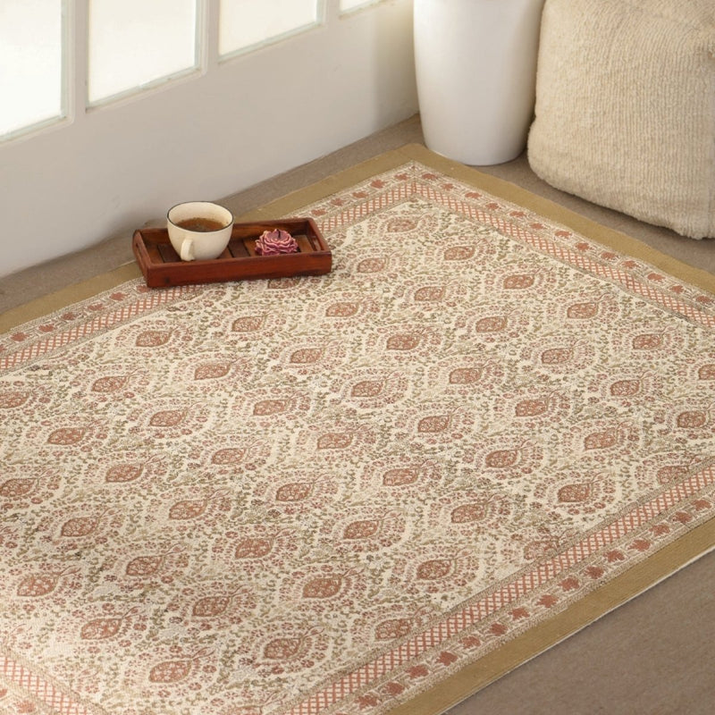 Cotton Floor Rug for Living Room and Bedroom hand block printed in Ivory and Rust Colour | Soft Washable Area Rug