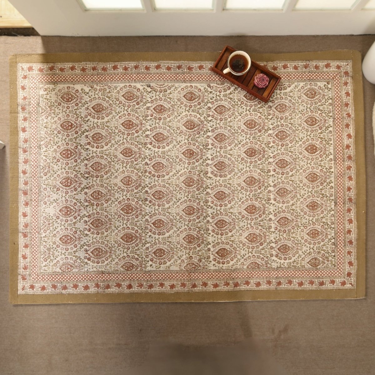 Cotton Floor Rug for Living Room and Bedroom hand block printed in Ivory and Rust Colour | Soft Washable Area Rug