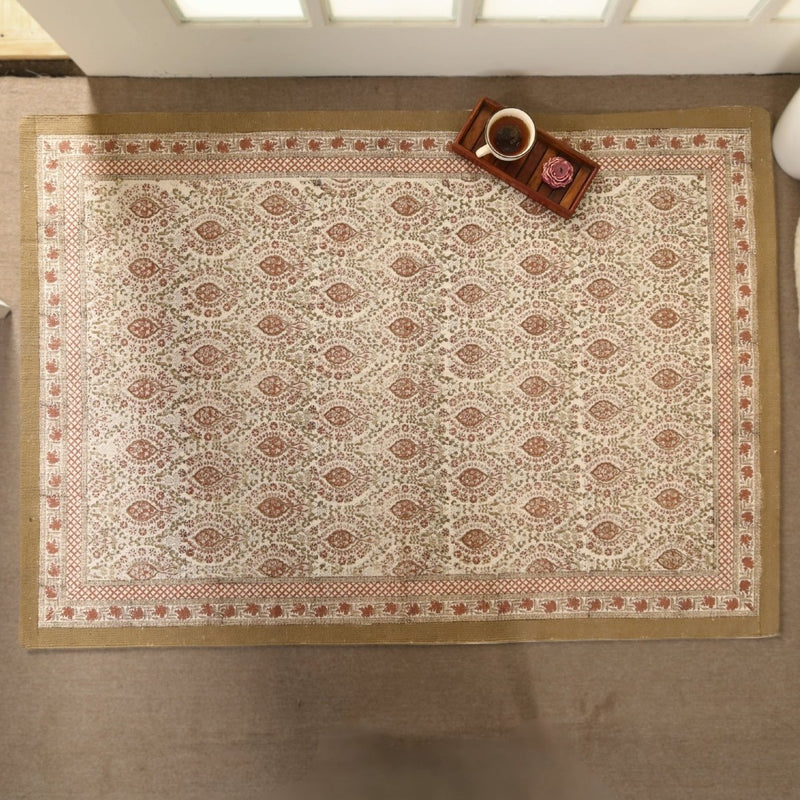 Cotton Floor Rug for Living Room and Bedroom hand block printed in Ivory and Rust Colour | Soft Washable Area Rug
