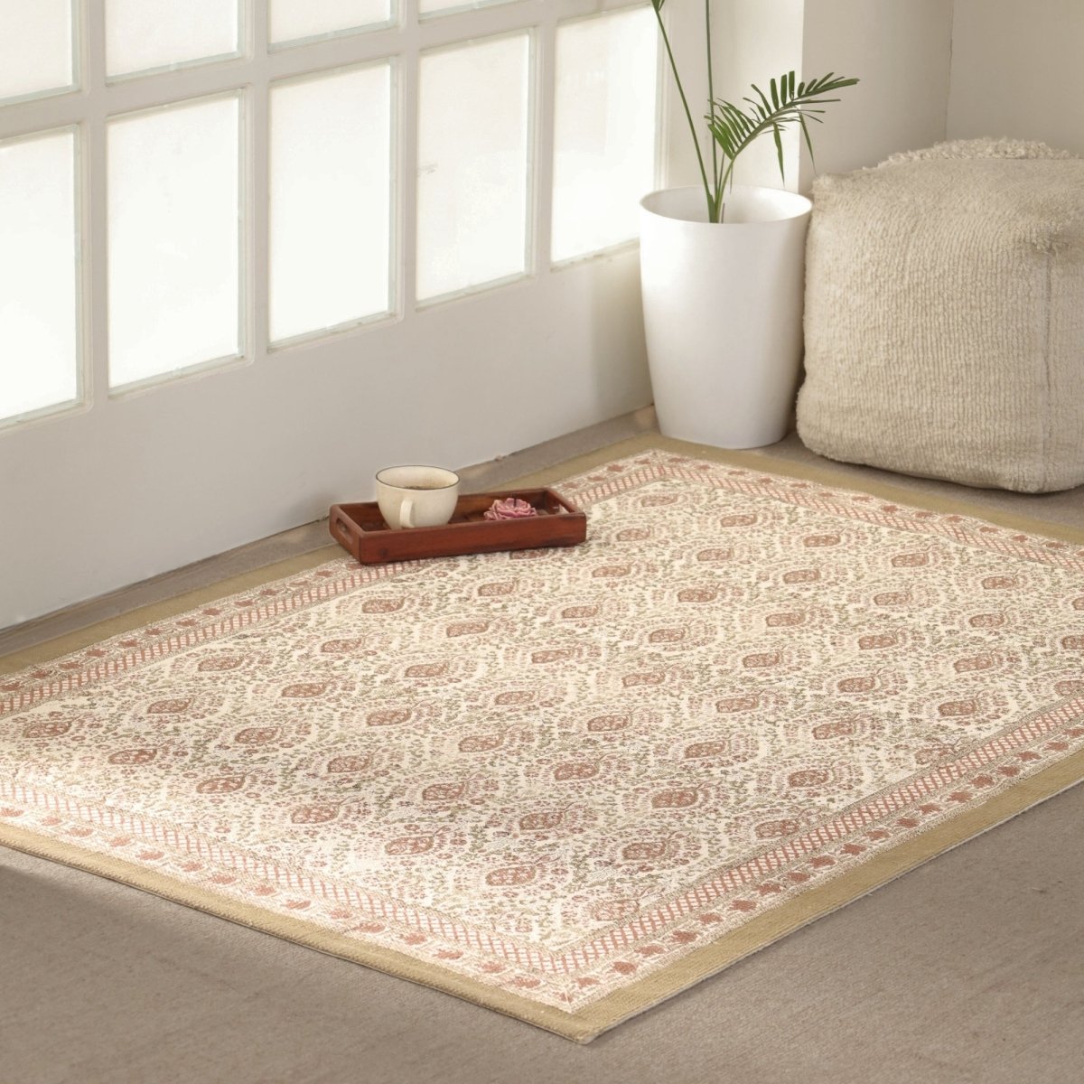 Cotton Floor Rug for Living Room and Bedroom hand block printed in Ivory and Rust Colour | Soft Washable Area Rug