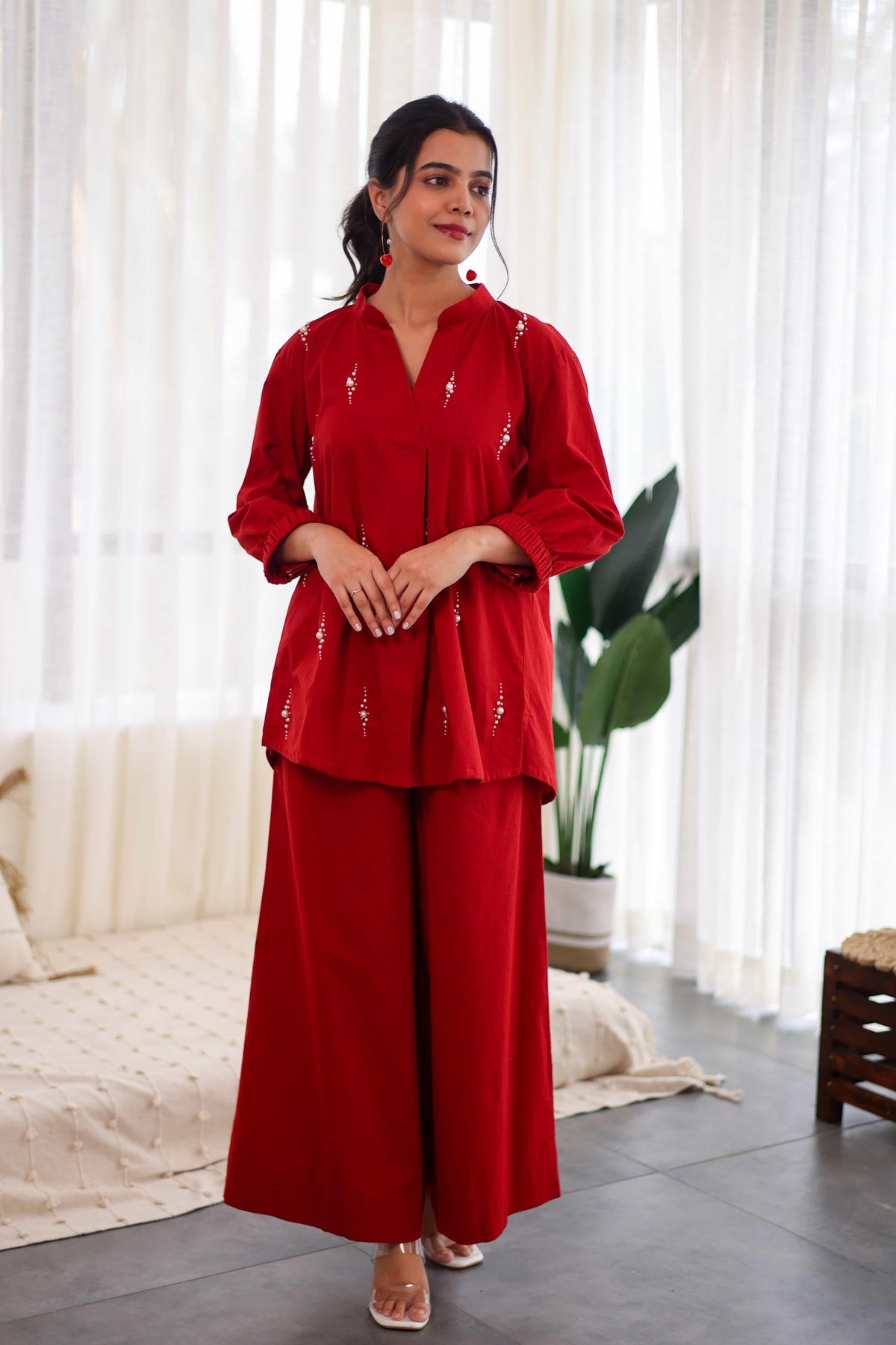 Red Pearl Embroidered Cotton Co-Ord