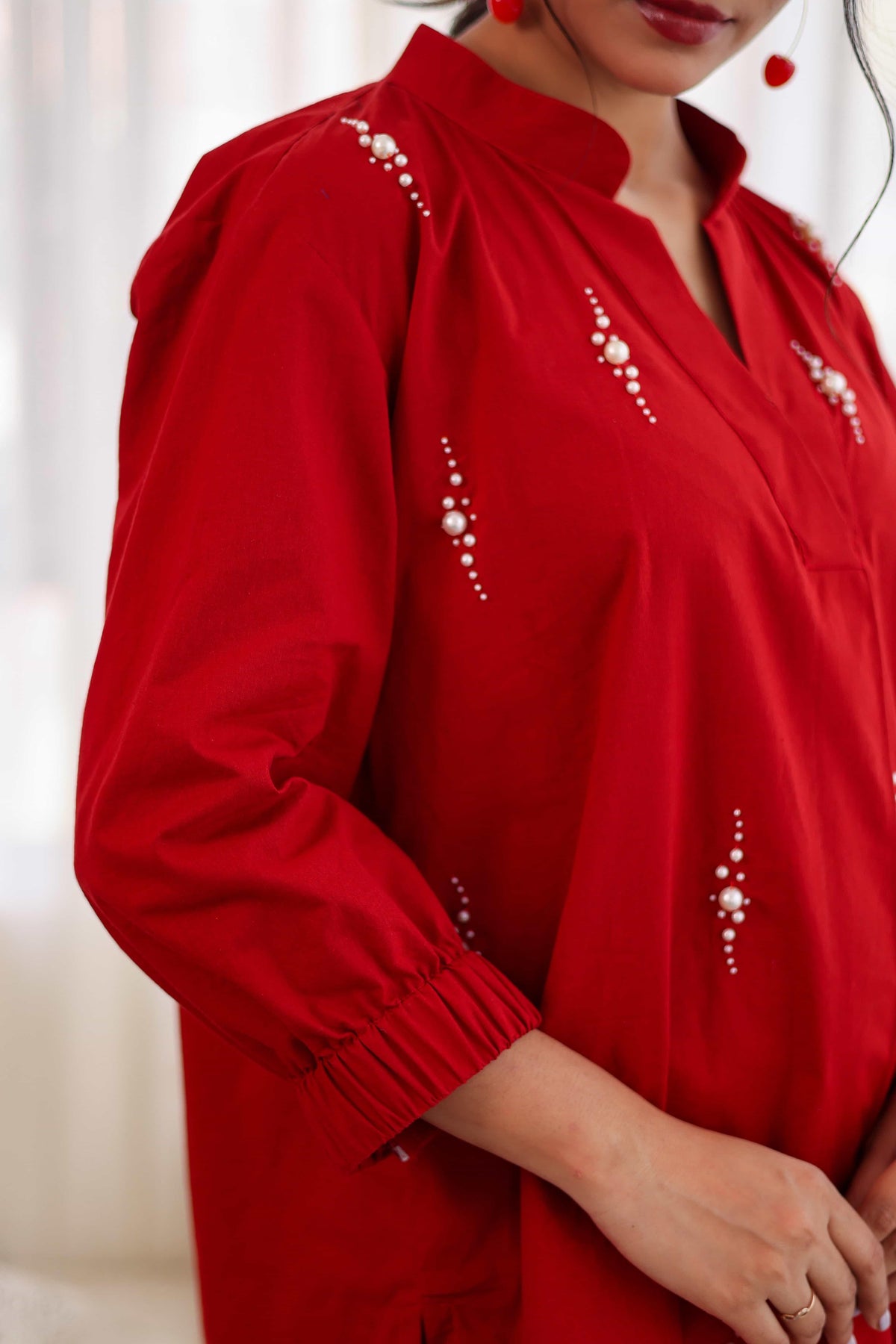 Red Pearl Embroidered Cotton Co-Ord
