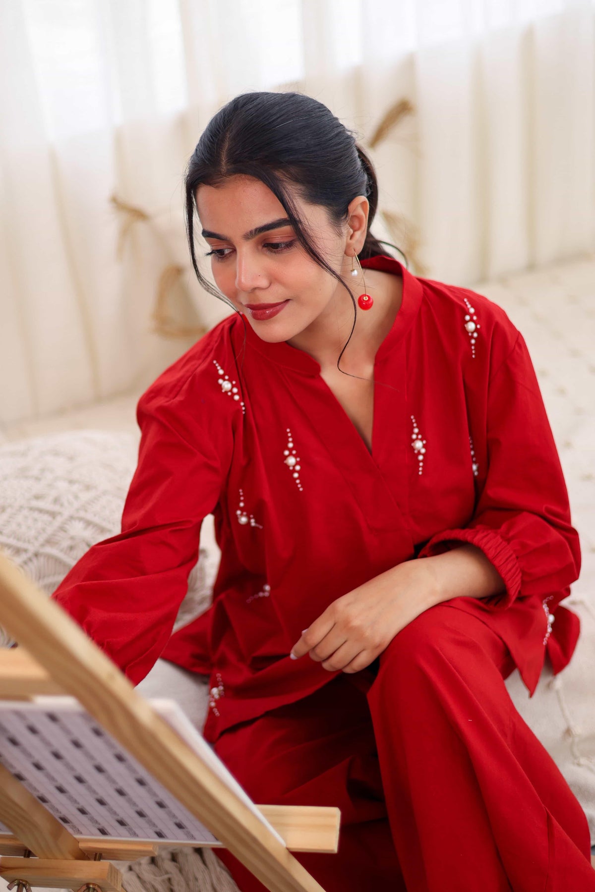 Red Pearl Embroidered Cotton Co-Ord