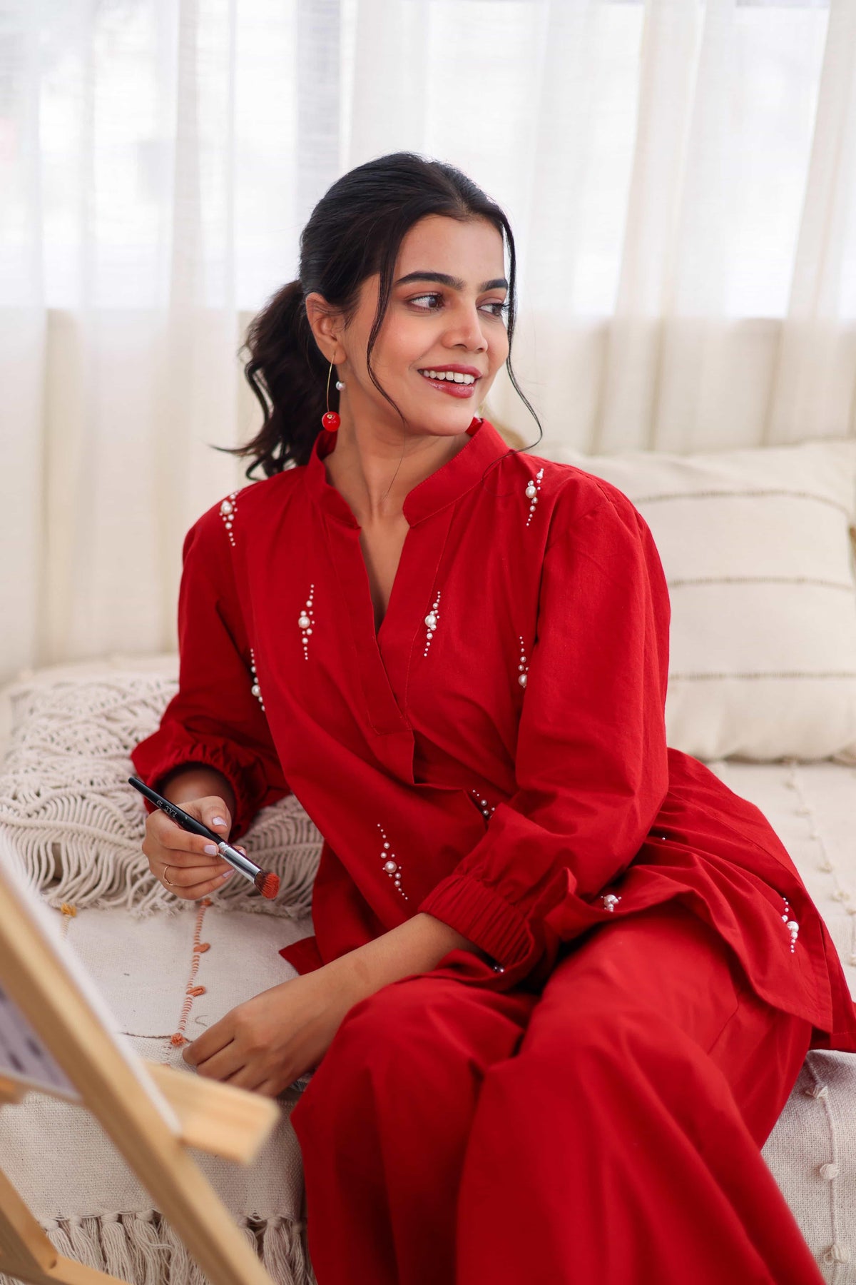 Red Pearl Embroidered Cotton Co-Ord