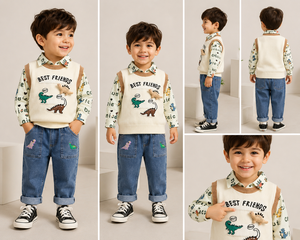 Boys 3 Piece Imported Cream Cord Set [BT-5K-6884] [1 - 5Years]