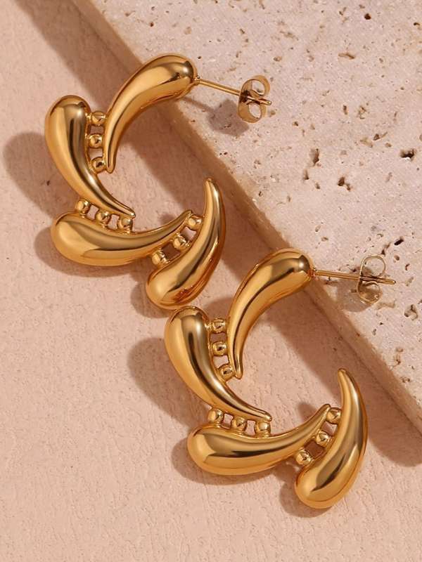 Triple Droplet Gold Earrings Side View Women Anti-Tarnish India