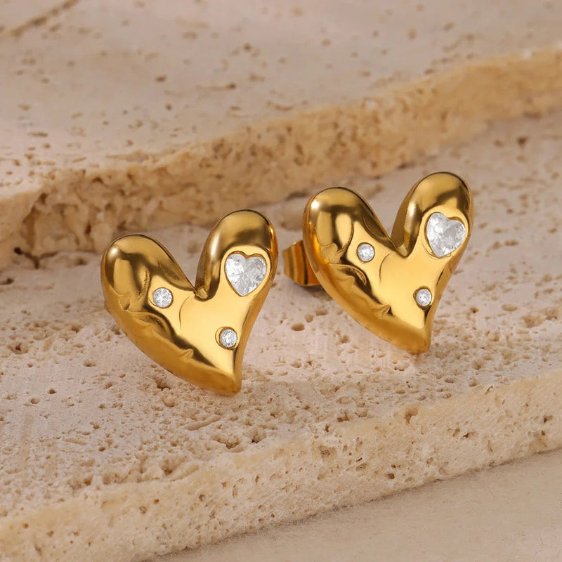 Diamond Heart Stud Earrings 18K Gold Plated Women India