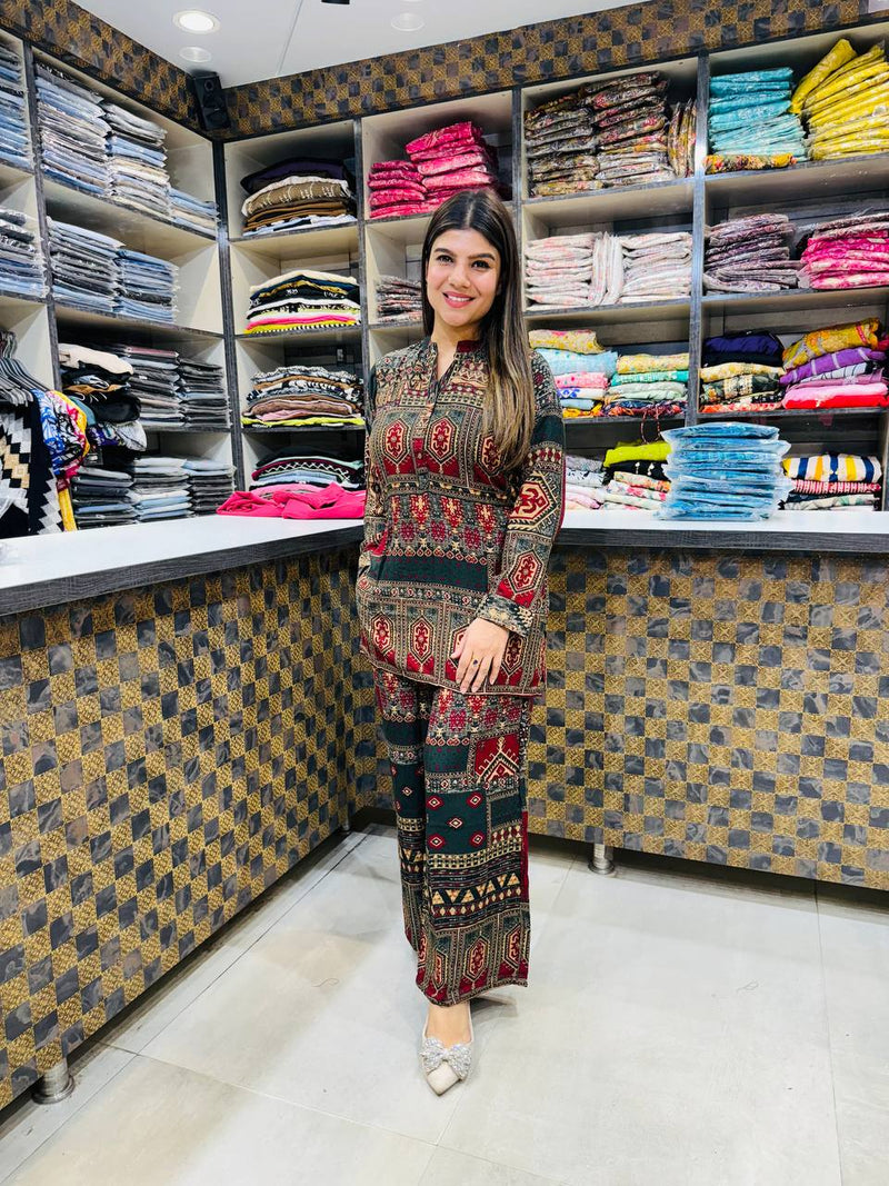 Printed Asymmetric Red And Green Top With Palazzo Set