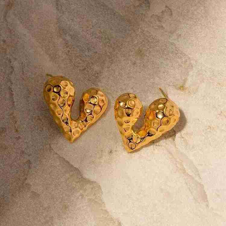 Hammered Heart Stud Earrings 18K Gold Plated Women Girls India