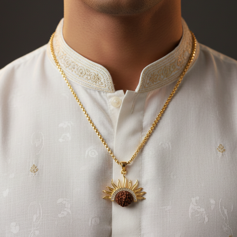 5 Mukhi Rudraksha Surya Pendant with Chain 22K Gold Men India
