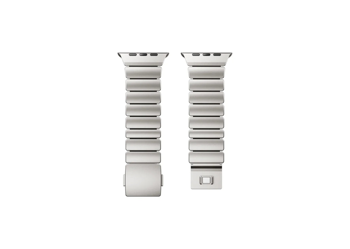 Close-up of the magnetic clasp on the Silver & Black Titanium Fusion Apple Watch Strap with brushed titanium finish and secure locking mechanism