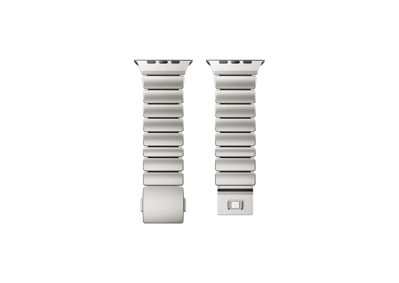 Close-up of the magnetic clasp on the Silver & Black Titanium Fusion Apple Watch Strap with brushed titanium finish and secure locking mechanism