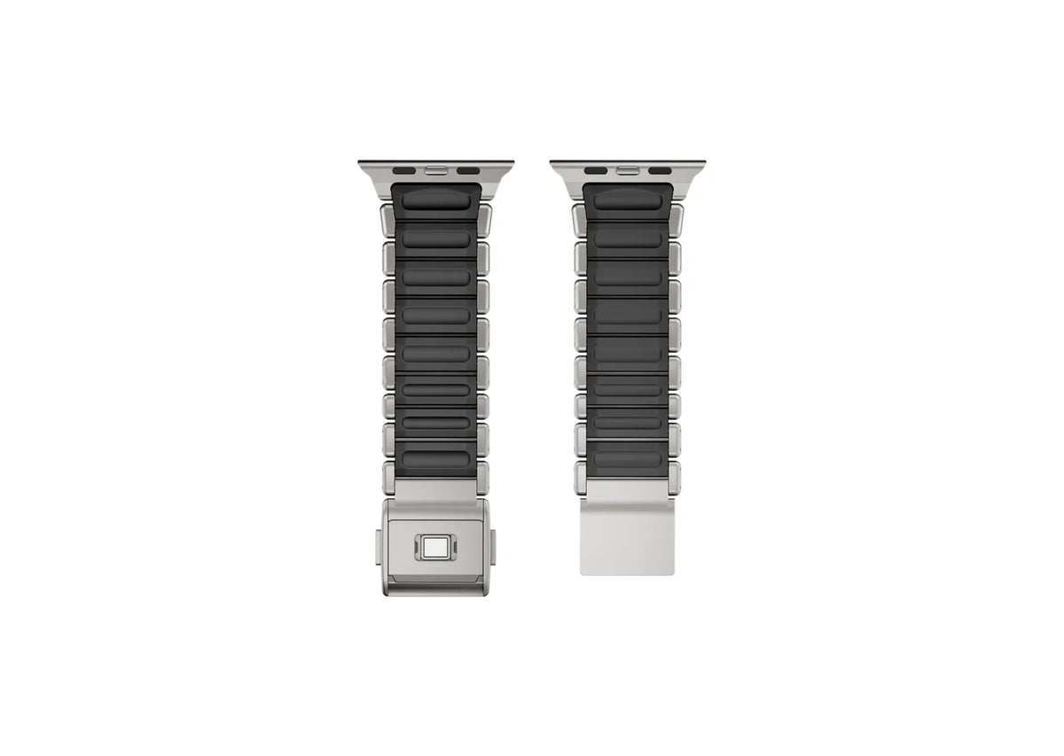 Rear view of the Silver & Black Titanium Fusion Apple Watch Strap showcasing the soft black silicone inner lining for breathable all-day comfort