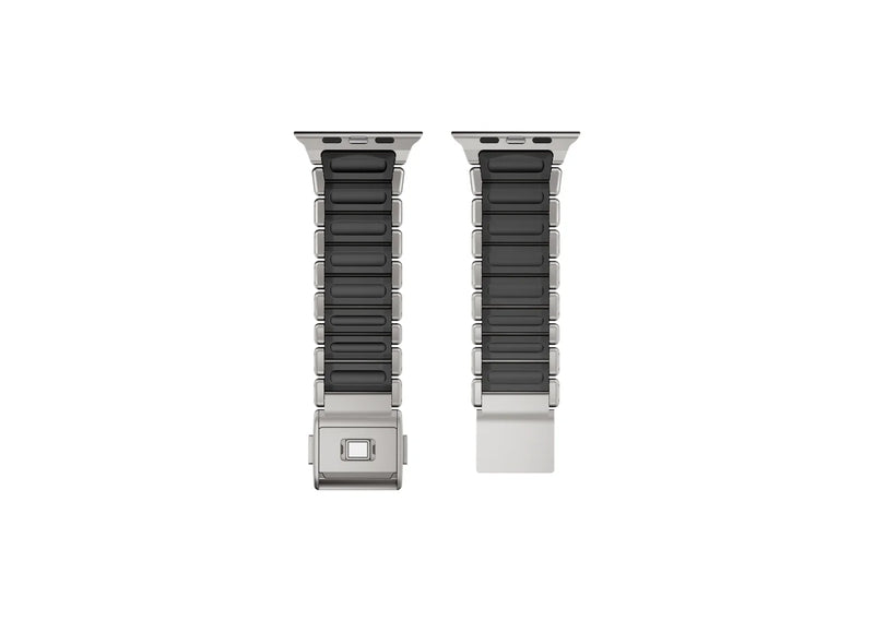 Rear view of the Silver & Black Titanium Fusion Apple Watch Strap showcasing the soft black silicone inner lining for breathable all-day comfort