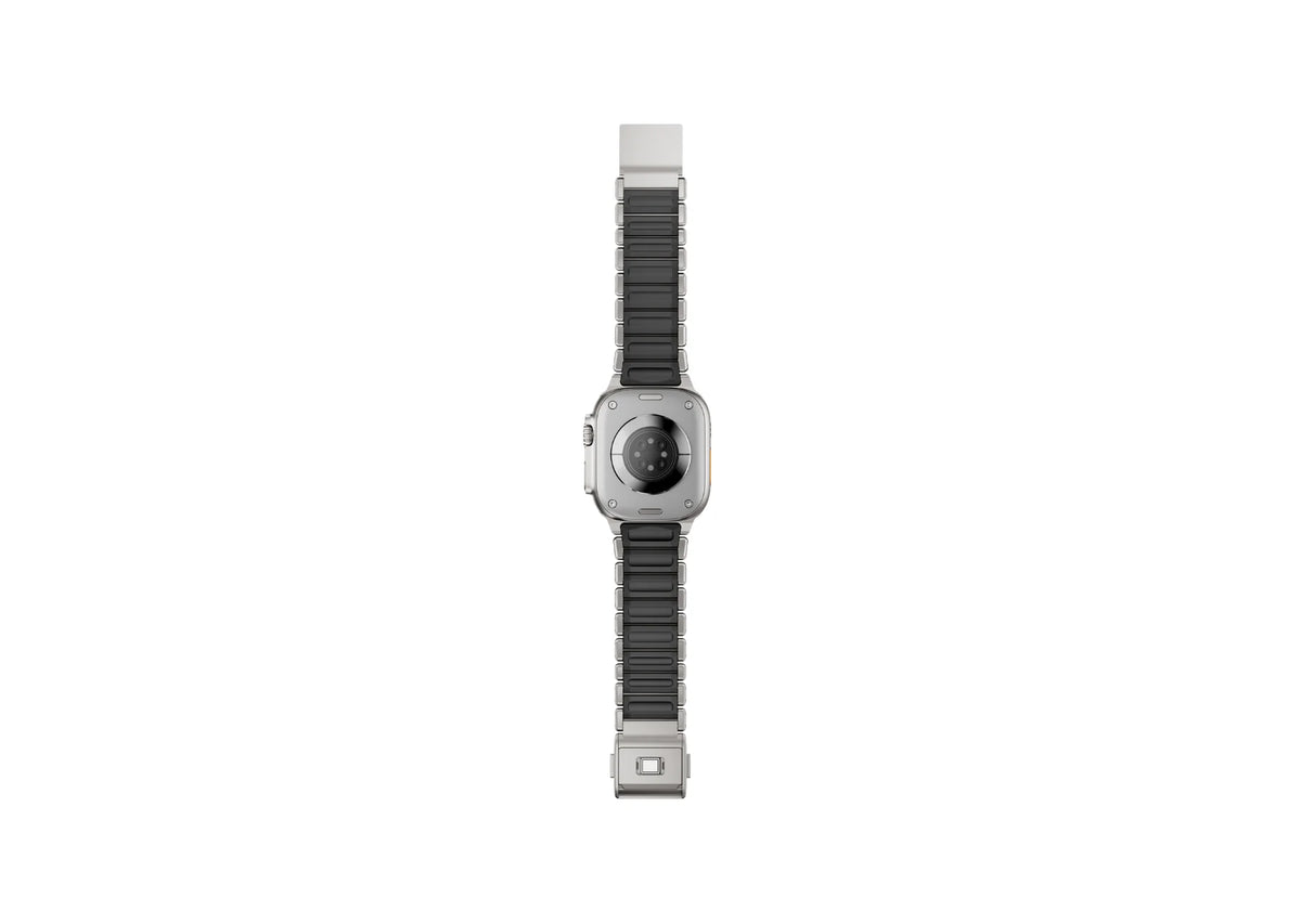 Silver & Black Titanium Fusion Apple Watch Strap open to display the powerful magnetic clasp and premium titanium construction