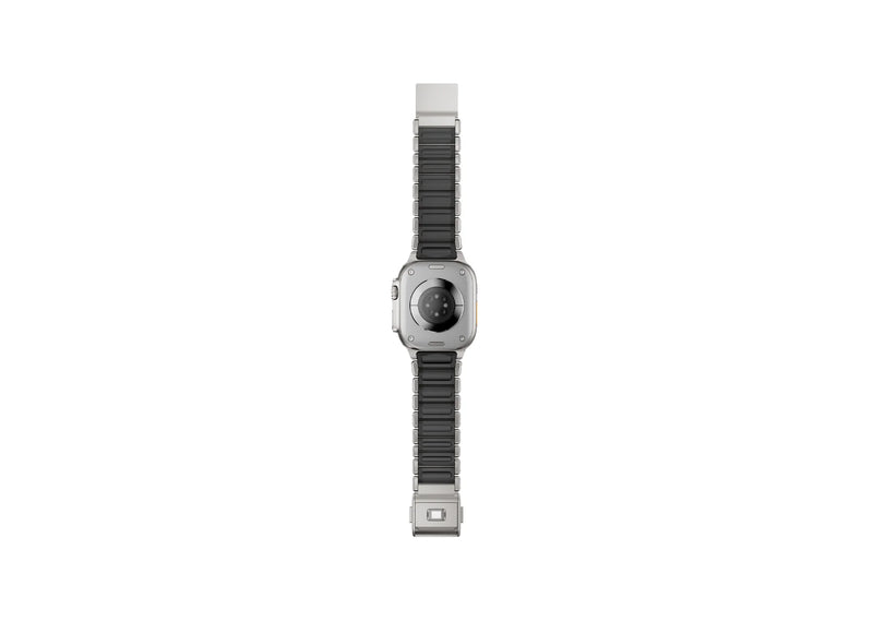 Silver & Black Titanium Fusion Apple Watch Strap open to display the powerful magnetic clasp and premium titanium construction
